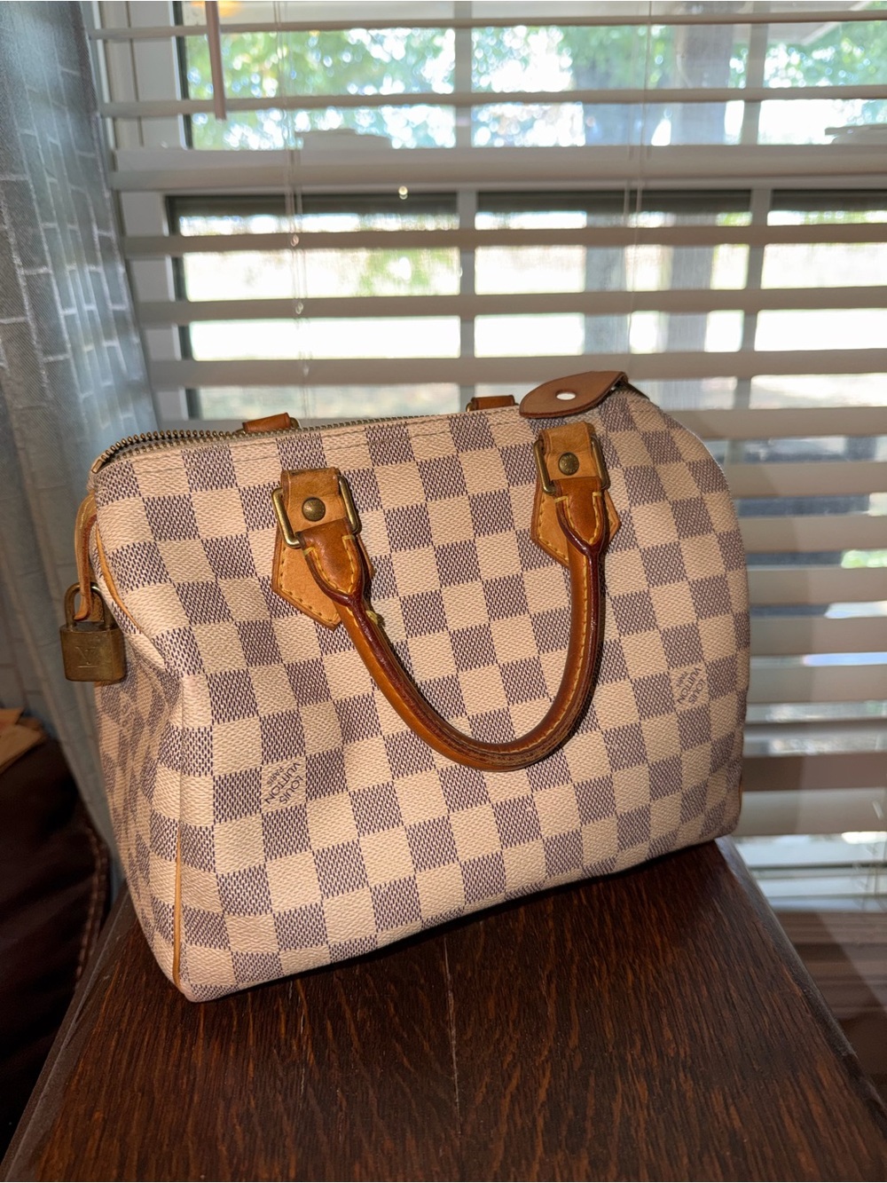 Louis Vuitton Cream and Tan Damier Azur Speedy Satchel